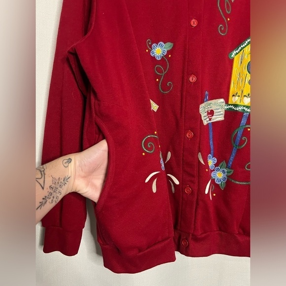 Vintage Blair Red and Yellow Birdhouse Cardigan Sweater XXL - Picture 5 of 9